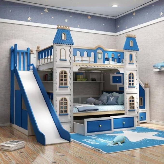 เฟอร์นิเจอร์ห้องนอนสีฟ้าที่ต้องมี เตียงสองชั้นไม้จริงและ MDF สำหรับเด็กผู้ชาย สีฟ้า 3