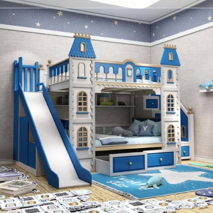 เฟอร์นิเจอร์ห้องนอนสีฟ้าที่ต้องมี เตียงสองชั้นไม้จริงและ MDF สำหรับเด็กผู้ชาย สีฟ้า 4