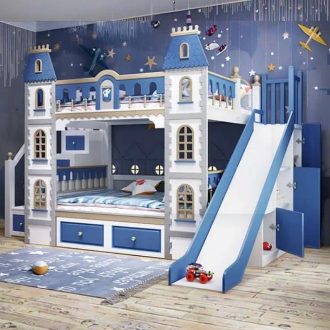เฟอร์นิเจอร์ห้องนอนสีฟ้าที่ต้องมี เตียงสองชั้นไม้จริงและ MDF สำหรับเด็กผู้ชาย สีฟ้า 10
