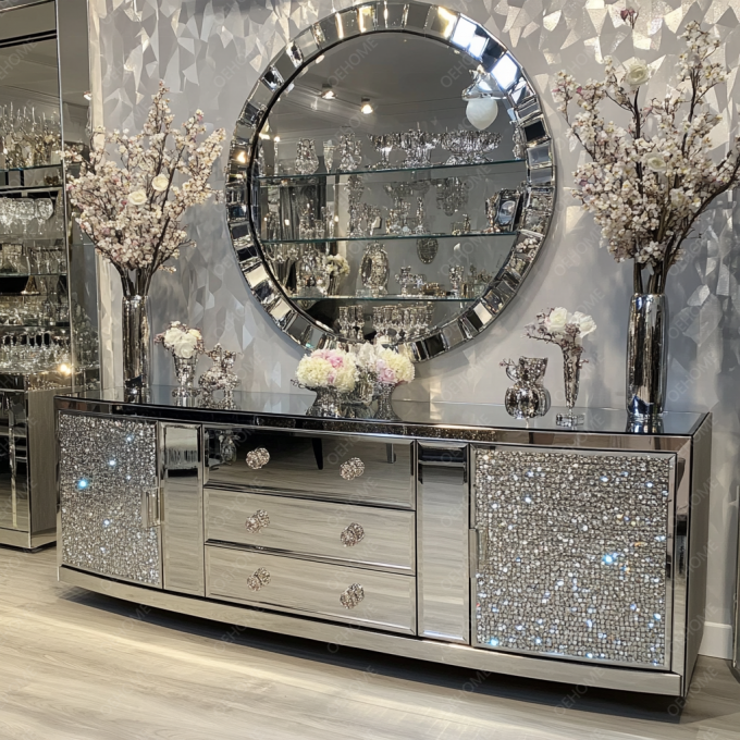 ฟункциональный TV Stand And Storage Function ในแผ่นไม้ สําหรับเฟอร์นิเจอร์เงินกระจกคริสตัลที่ทันสมัยในห้องนั่งเล่น ห้องนอน 3