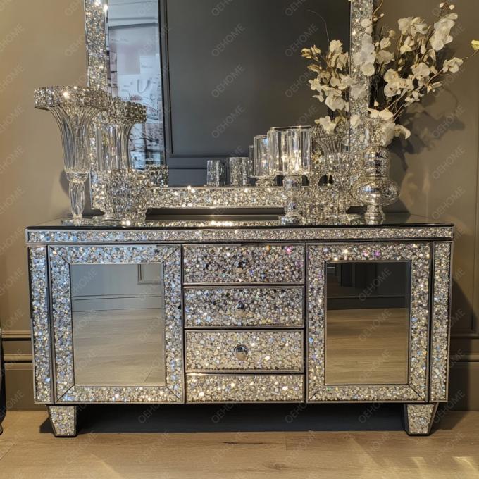 ฟункциональный TV Stand And Storage Function ในแผ่นไม้ สําหรับเฟอร์นิเจอร์เงินกระจกคริสตัลที่ทันสมัยในห้องนั่งเล่น ห้องนอน 4