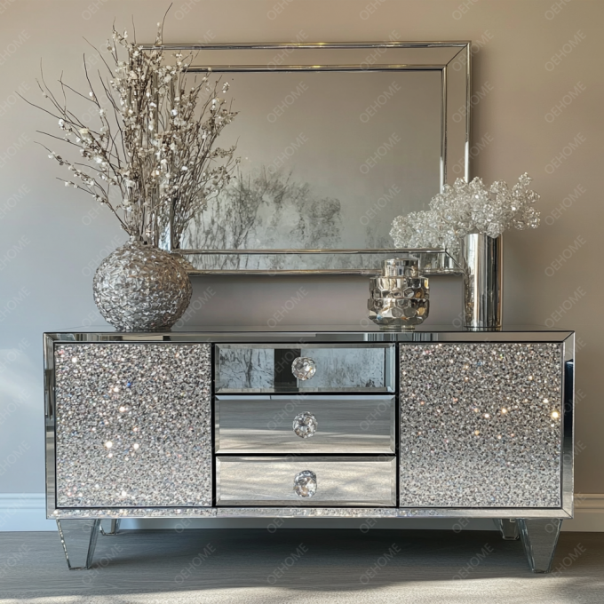 ฟункциональный TV Stand And Storage Function ในแผ่นไม้ สําหรับเฟอร์นิเจอร์เงินกระจกคริสตัลที่ทันสมัยในห้องนั่งเล่น ห้องนอน 5
