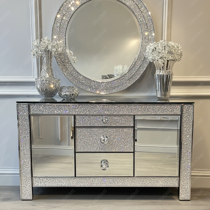 ฟункциональный TV Stand And Storage Function ในแผ่นไม้ สําหรับเฟอร์นิเจอร์เงินกระจกคริสตัลที่ทันสมัยในห้องนั่งเล่น ห้องนอน 6