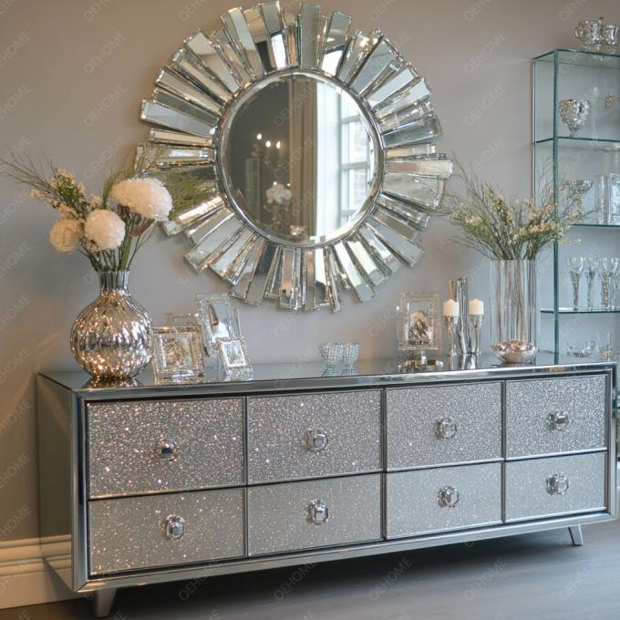ฟункциональный TV Stand And Storage Function ในแผ่นไม้ สําหรับเฟอร์นิเจอร์เงินกระจกคริสตัลที่ทันสมัยในห้องนั่งเล่น ห้องนอน 7