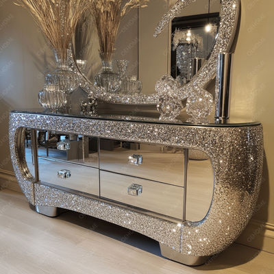 ฟункциональный TV Stand And Storage Function ในแผ่นไม้ สําหรับเฟอร์นิเจอร์เงินกระจกคริสตัลที่ทันสมัยในห้องนั่งเล่น ห้องนอน